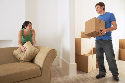Prepared moving boxes and labelled items ready for a Southfields move
