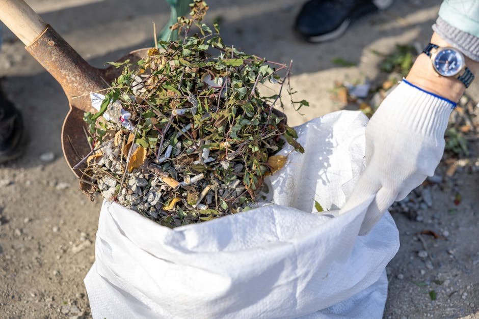 A person wearing a white glove and a wristwatch is using a small shovel to scoop up a mixture of garden weeds, small branches, and gravel into a large white waste bag located outdoors on a gravel surface. The sheared plant material includes green leaves and thorny stems, with some dried leaves and twigs visible on top. In the background, part of a person’s shoe is visible, and the scene appears to be part of a home garden clean-up or yard clearance. This image illustrates the process of loading garden refuse into waste disposal bags, relevant to house removals and garden clearance services offered by Man With a Van Southfields, particularly in relation to managing bulky waste following council rules in SW18 and efficient loading for home relocation projects.