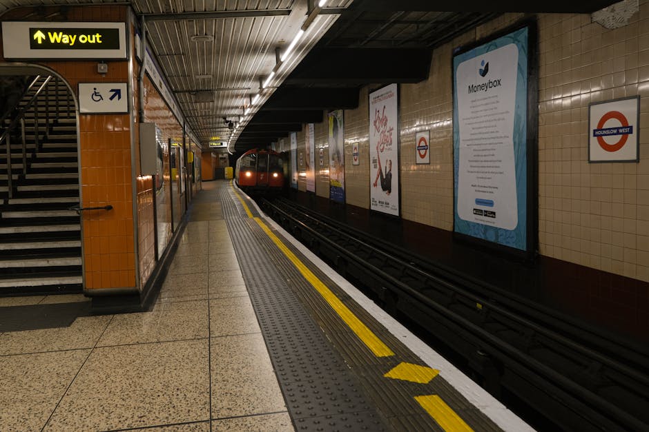 The image depicts an underground London Tube station platform with cream-colored tiled walls and a tiled floor featuring a speckled pattern. On the left side, there is a staircase with black metal railings leading up to an exit, accompanied by a yellow 'Way out' sign hanging from the ceiling. A blue sign with a wheelchair symbol indicates accessible routes. The platform edge is marked with a white line and a yellow tactile strip for safety, alongside a black rubber edging strip. A train with a red front is approaching or arriving at the platform in the background, partially obscured by the platform's curved design. Several large posters are mounted on the tiled wall, promoting various services and products, including a prominent poster for 'Moneybox.' The environment is lit with overhead fluorescent lighting, creating a well-illuminated space suitable for passenger transit. This scene aligns with the context of house removals and furniture transport, as part of a home relocation or moving process within London.